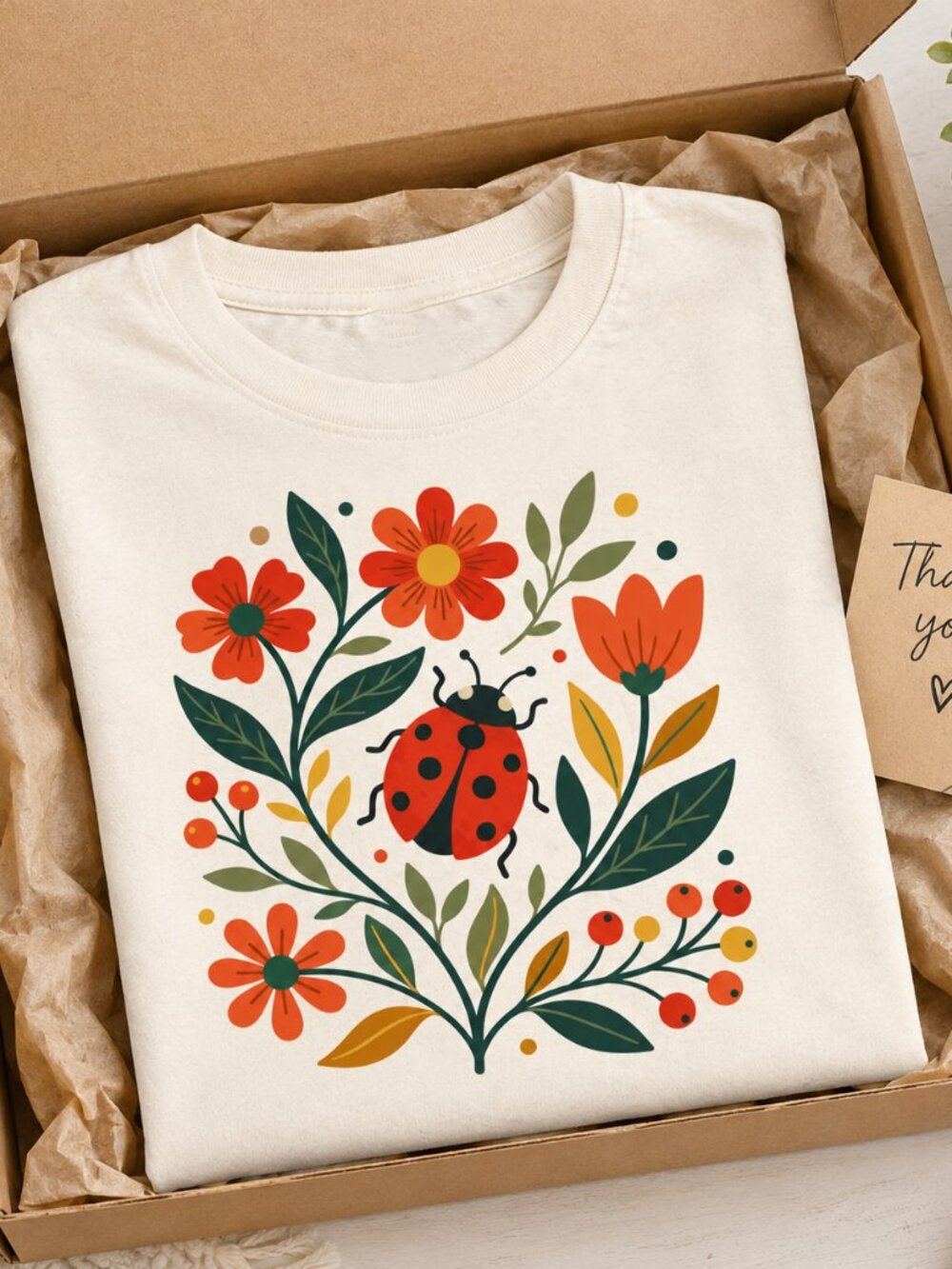 Scandinavian Folk Art Ladybug Shirt Floral Cottagecore Graphic Tee